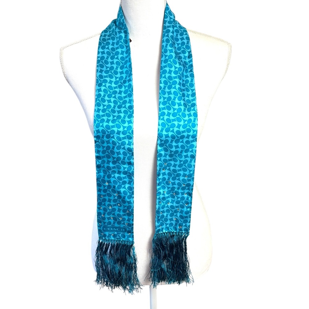 Coach Y2K NWT Silk Scarf Teal Signature Print Rhinestones Fringed - Picture 8 of 8
